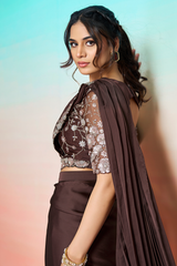 Coffee Brown Lustrous Satin Silk Ready-to-Wear Saree with Floral Sequin Blouse & Belt