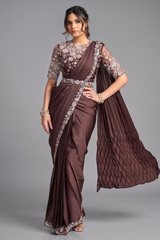 Coffee Brown Lustrous Satin Silk Ready-to-Wear Saree with Floral Sequin Blouse & Belt