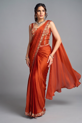 Orange Pre-Stitched Saree with Sequin Embroidered Shrug & Belt
