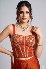 Orange Pre-Stitched Saree with Sequin Embroidered Shrug & Belt