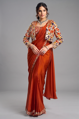 Orange Pre-Stitched Saree with Sequin Embroidered Shrug & Belt