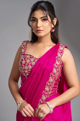 Fuchsia Pre-Stitched Satin Saree with Zardosi Embroidered Blouse and Sheer Cape