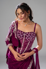 Deep Maroon Pre-Stitched Two-Tone Saree with Pearl Enhanced Blouse and Shrug