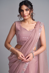 Pastel Peach Pre-Stitched Georgette Saree with Sequin and Bead Detailing Poncho