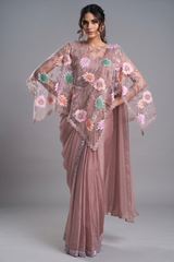 Pastel Peach Pre-Stitched Georgette Saree with Sequin and Bead Detailing Poncho