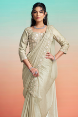 Ivory Grey Pre-Stitched Two-Tone Saree with Sequin and Stone Embroidered Blouse