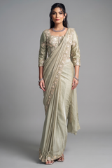 Ivory Grey Pre-Stitched Two-Tone Saree with Sequin and Stone Embroidered Blouse