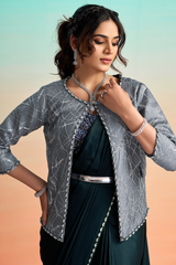 Midnight Blue Pre-Stitched Satin Saree with Oval Stone Detailing Shrug