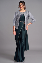 Midnight Blue Pre-Stitched Satin Saree with Oval Stone Detailing Shrug