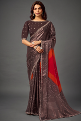 Espresso Coffee Digital Bandhani Saree with Pearl and Stone Handwork