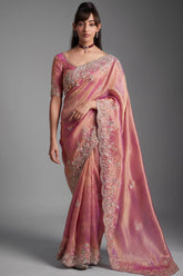 Rose Pink Tissue Organza with Scalloped Embroidery