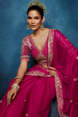 Deep Fuchsia Pink Monochrome Saree with Sequins Embroidery