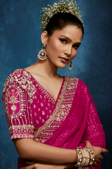 Deep Fuchsia Pink Monochrome Saree with Sequins Embroidery