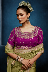 Olive Green Saree In Scallop Border with Magenta Pink Embroidered Blouse