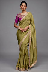 Olive Green Saree In Scallop Border with Magenta Pink Embroidered Blouse