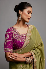 Olive Green Saree In Scallop Border with Magenta Pink Embroidered Blouse