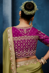Olive Green Saree In Scallop Border with Magenta Pink Embroidered Blouse