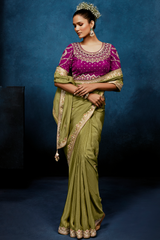 Olive Green Saree In Scallop Border with Magenta Pink Embroidered Blouse