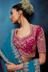 Teal Blue Saree with Magenta Contrasting Embroidered Blouse