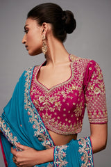 Teal Blue Saree with Magenta Contrasting Embroidered Blouse