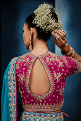 Teal Blue Saree with Magenta Contrasting Embroidered Blouse