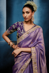 Lilac Purple Shimmer Saree with Deep Violet Floral Embroidered Blouse
