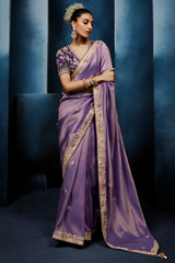 Lilac Purple Shimmer Saree with Deep Violet Floral Embroidered Blouse