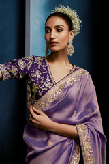 Lilac Purple Shimmer Saree with Deep Violet Floral Embroidered Blouse