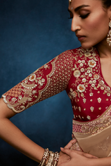 Champagne Gold Satin Saree with Maroon Heavy Embroidered Blouse