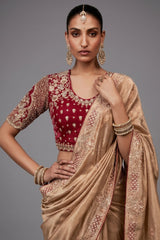 Champagne Gold Satin Saree with Maroon Heavy Embroidered Blouse