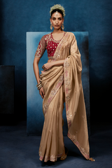 Champagne Gold Satin Saree with Maroon Heavy Embroidered Blouse
