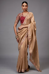 Champagne Gold Satin Saree with Maroon Heavy Embroidered Blouse