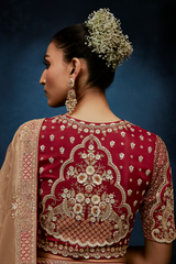 Champagne Gold Satin Saree with Maroon Heavy Embroidered Blouse