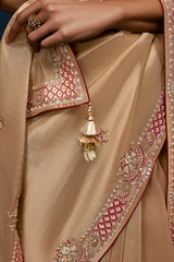 Champagne Gold Satin Saree with Maroon Heavy Embroidered Blouse