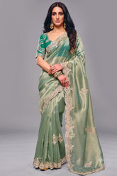 Mint Green Saree In Scallop Border with Featuring Intricate Sequin Work
