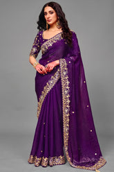 Rich Plum Purple Organza Crush Saree with Heavy Sequin Work