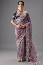 Lavender Mauve Organza Saree In Scallop Border