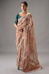 Dusty Rose Brown Saree with Floral jaal Embroidery & Sequin Buttis