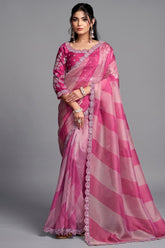 Candy Pink Lehriya Print Organza Satin Saree With Highlighted Scalloped Border