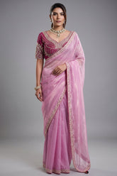 Blush Bloom Baby Pink Organza Satin Saree with Lace Border