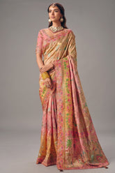 Champagne Peach Dola Silk Saree Detailed with Delicate Pastel Threadwork
