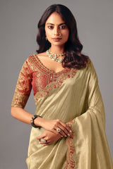 Champagne Olive Green Silk Saree with Red Embroidered Scallop Border