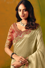 Champagne Olive Green Silk Saree with Red Embroidered Scallop Border