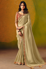 Champagne Olive Green Silk Saree with Red Embroidered Scallop Border