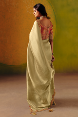 Champagne Olive Green Silk Saree with Red Embroidered Scallop Border
