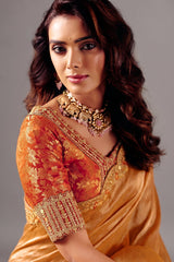 Shimmering Copper Orange Zari Silk Saree with Cutwork Embroidery