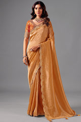Shimmering Copper Orange Zari Silk Saree with Cutwork Embroidery