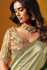Pale Pista Green Zari Weaving Silk Saree with Embroidered Border