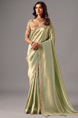 Pale Pista Green Zari Weaving Silk Saree with Embroidered Border