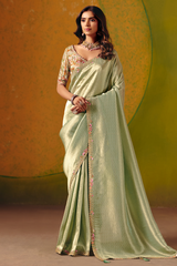 Pale Pista Green Zari Weaving Silk Saree with Embroidered Border